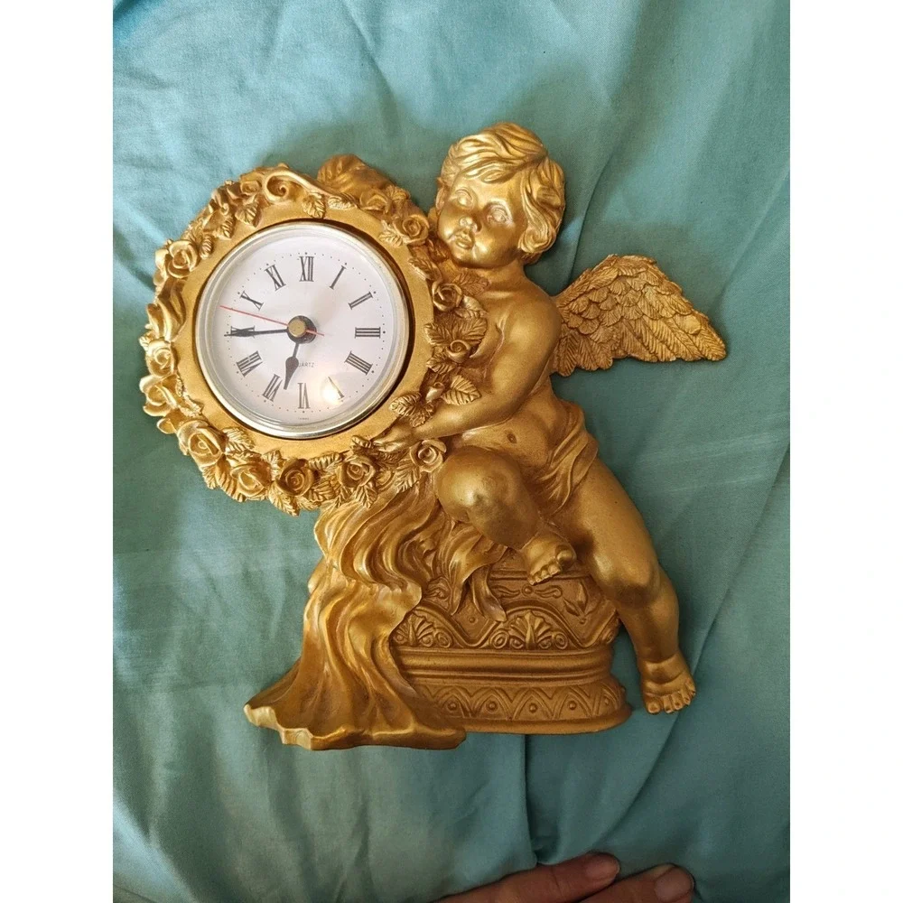 The Import Collection Cherub Wall Clock Gold Excellent Ornate Angel Rose Floral
